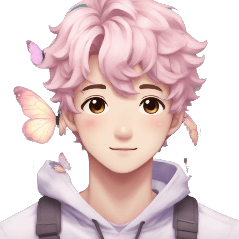 Gorgeous pastel anime style shojo man with blushing face and butterflies aesthetic and pretty hair trending style emoji