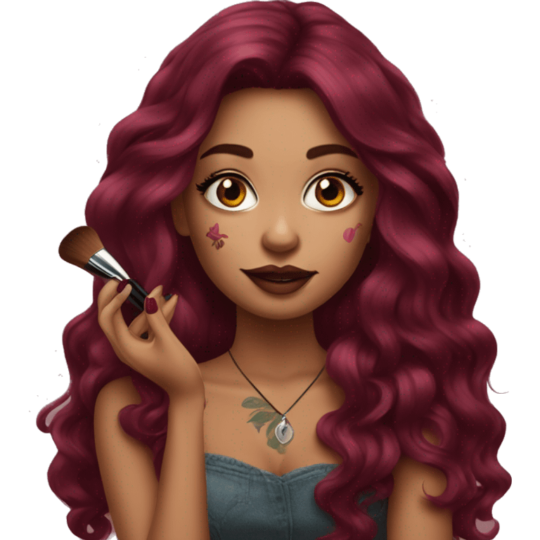 Beautiful tattooed burgundy long haired woman doing her makeup emoji