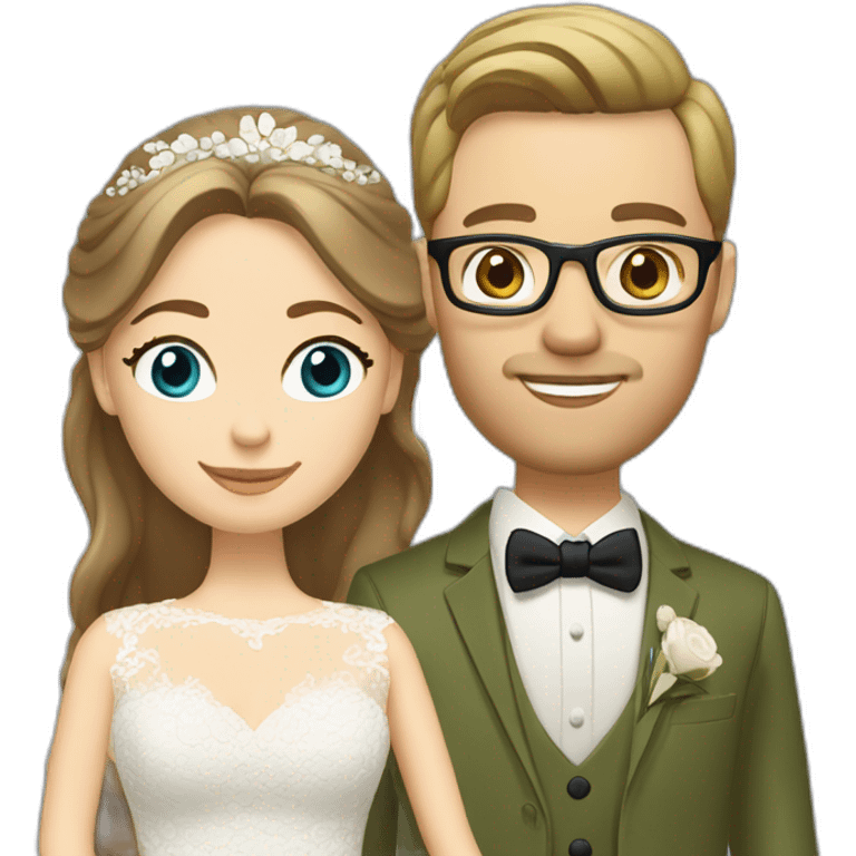 Wedding couple. Bride has brown hair pinned up. She wears lace dress. She has blue eyes. Groom has olive green suit and brown vest. He has blond hair. He wears glasses. He has blue eyes. emoji