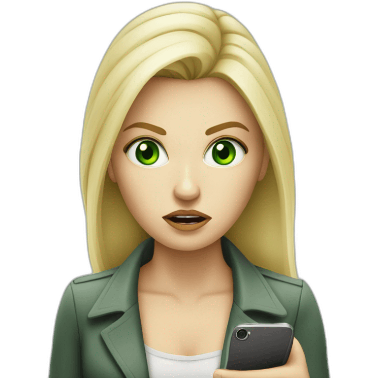 blonde woman mobile tester angry green eyes holding iphone emoji