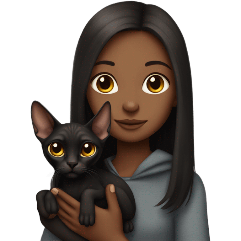 Black sphinx cat in the arms of a girl with long brown hair emoji