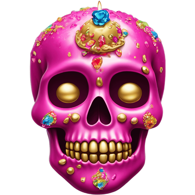 Realistic hot pink sugar skull decorated with colorful rhinestones with metallic gold candle on top of its head dripping meltdown metallic gold wax down skull emoji