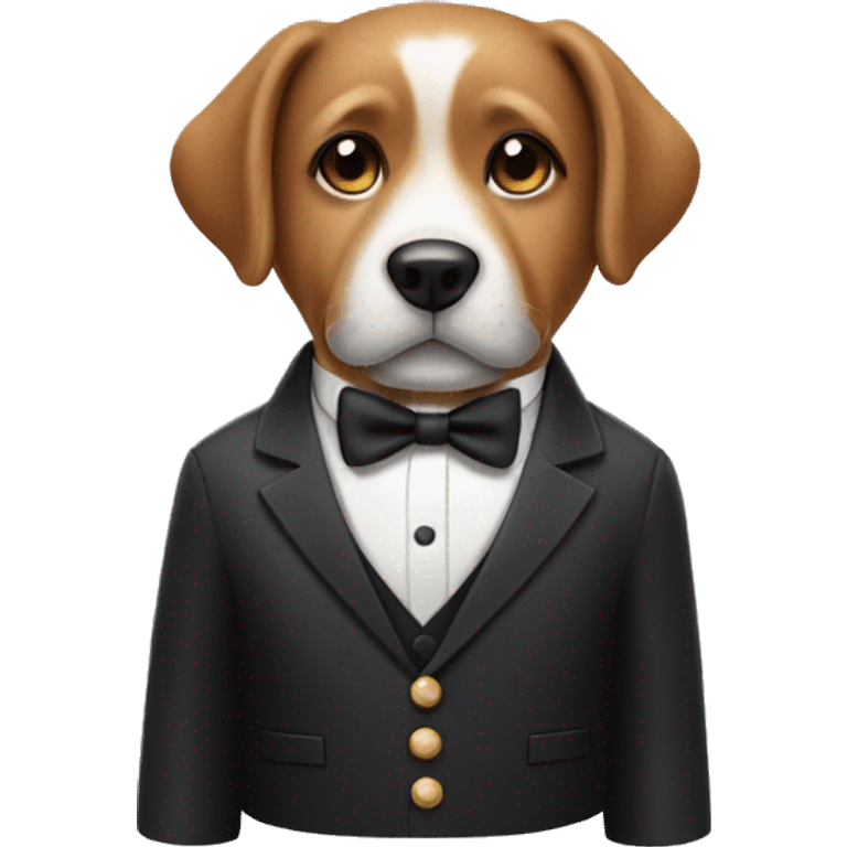 a dog wearing a tuxedo while holding a soda emoji