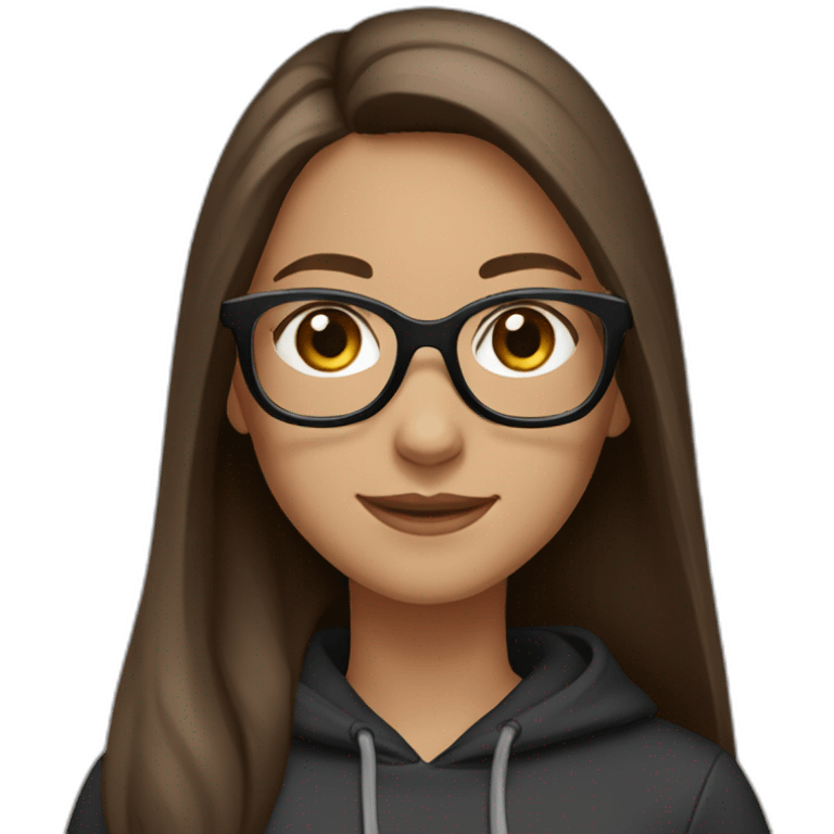 a girl with glasses, smile, long straight brown hair, grey eyes, light skin and black hoodie  emoji