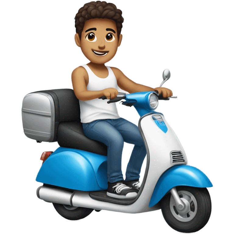 hispanic boy wearing a white tank top and jeans and rides a blue small scooter emoji