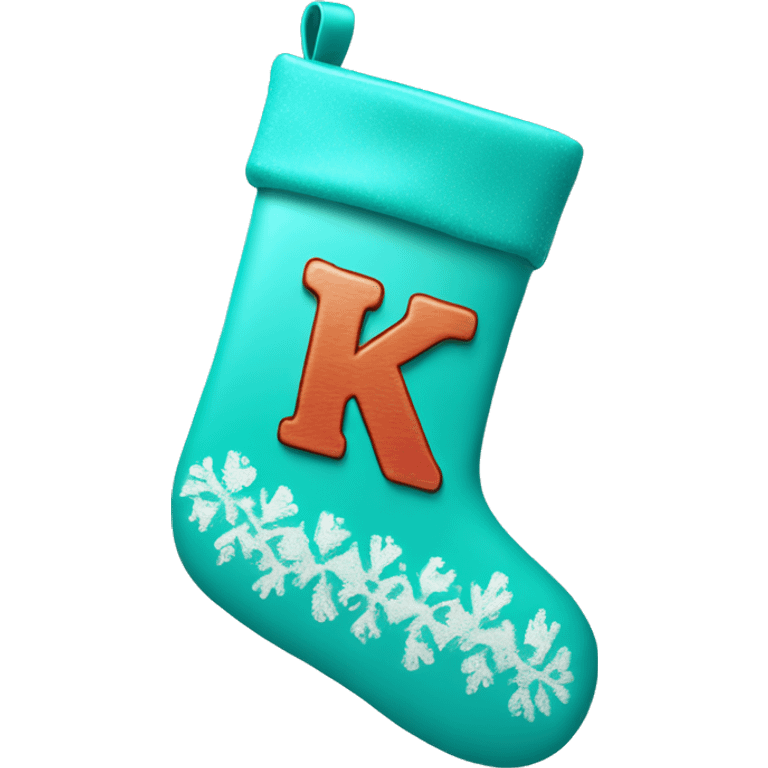 Turquoise ￼Christmas stocking with the letter K on the middle of it.  emoji