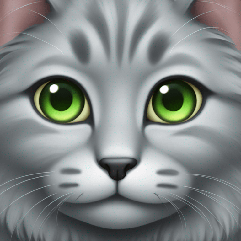 Fluffy gray cat with big green eyes emoji