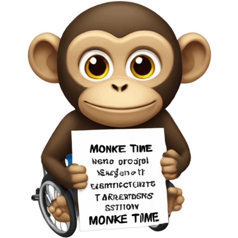 Monkey in wheelchair holding sign that says monke time emoji