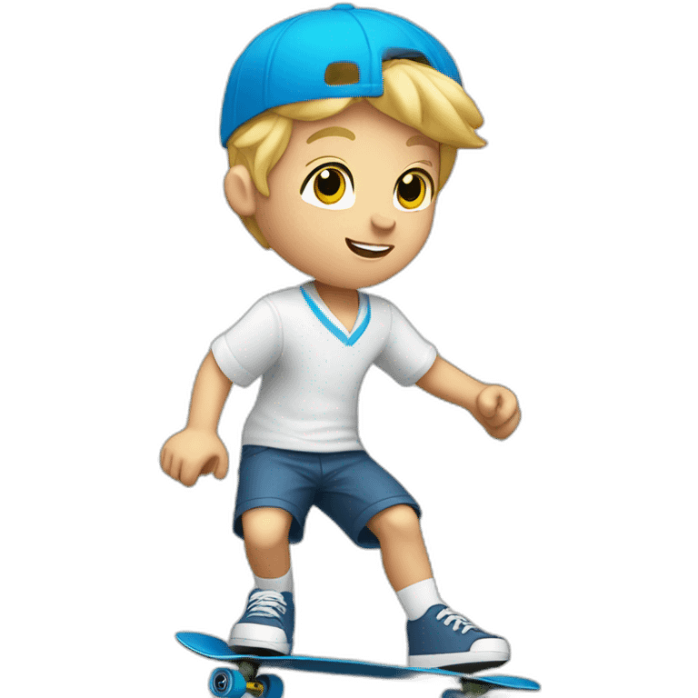 Blonde Boy in blue school shorts and white shirt sleeve shirt riding a skateboard emoji