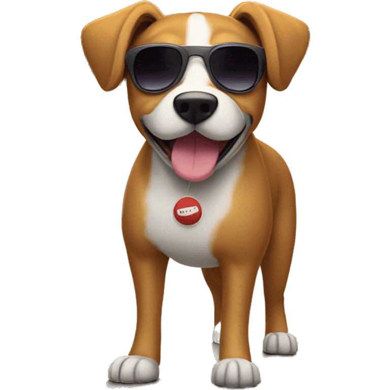 dog standing on a road with sunset in the back and with sunglasses and tenis ball in the mouth emoji