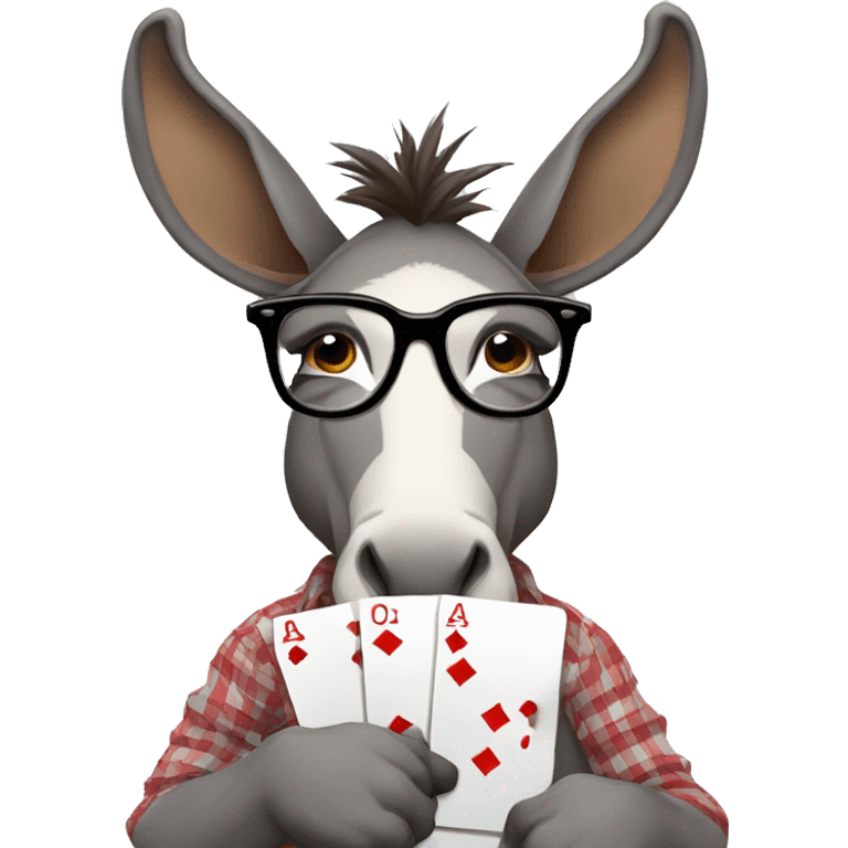 Donkey wearing full sleeves check shirt and playing cards (game) and wearing specs  emoji