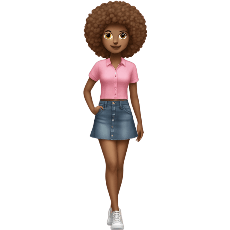 Tan girl with Afro and pink button top and jean skirt full body emoji