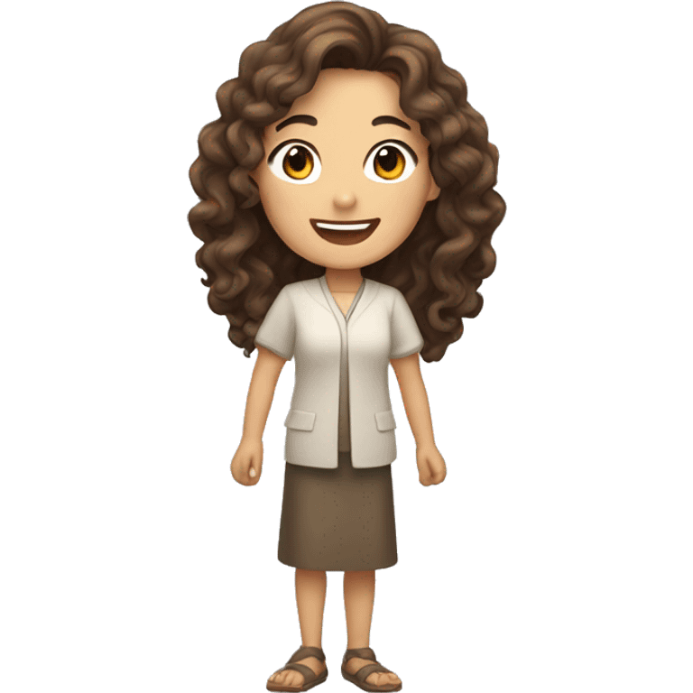 A smiling Asian woman with brown long curly hair and white skin raising one hand.  emoji