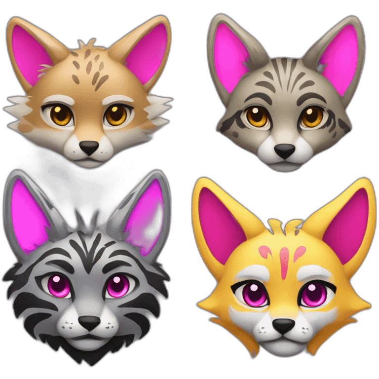 Coyote with grey and black fur, neon lights, ocelot with pink ears, clouded leopard, ocelot coyote hybrid with Phoenix wings emoji