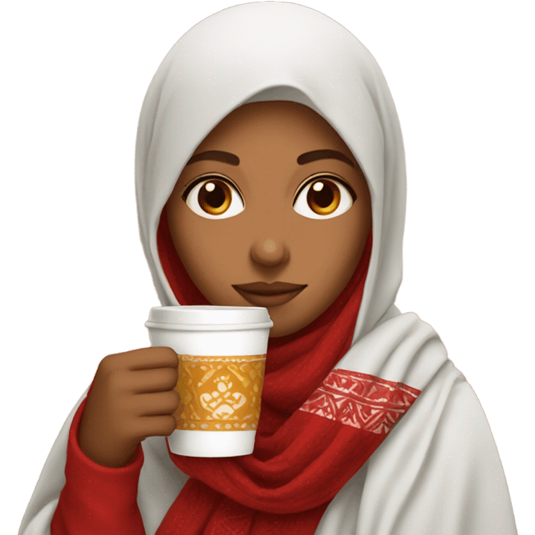 Girl wearing kashmiri shawl red and drinking coffee emoji