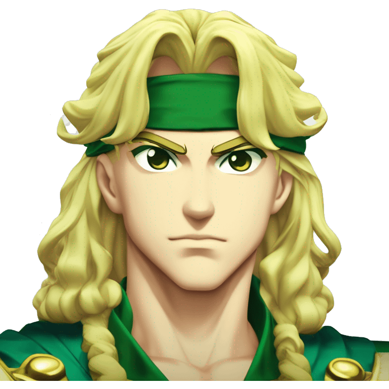 Dio Brando from "JoJo's Bizarre Adventure: Stardust Crusaders" has long blond hair, piercing eyes, and a sharp, angular face. He is tall and muscular, often seen wearing a flamboyant yellow outfit with green motifs and a headband. 




 emoji