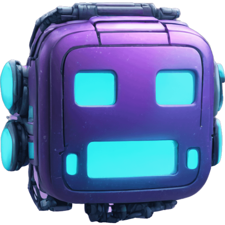 Smily face robotic scanning device, cyberpunk, cyan and purple colors, friendly, futuristic, binary code emoji