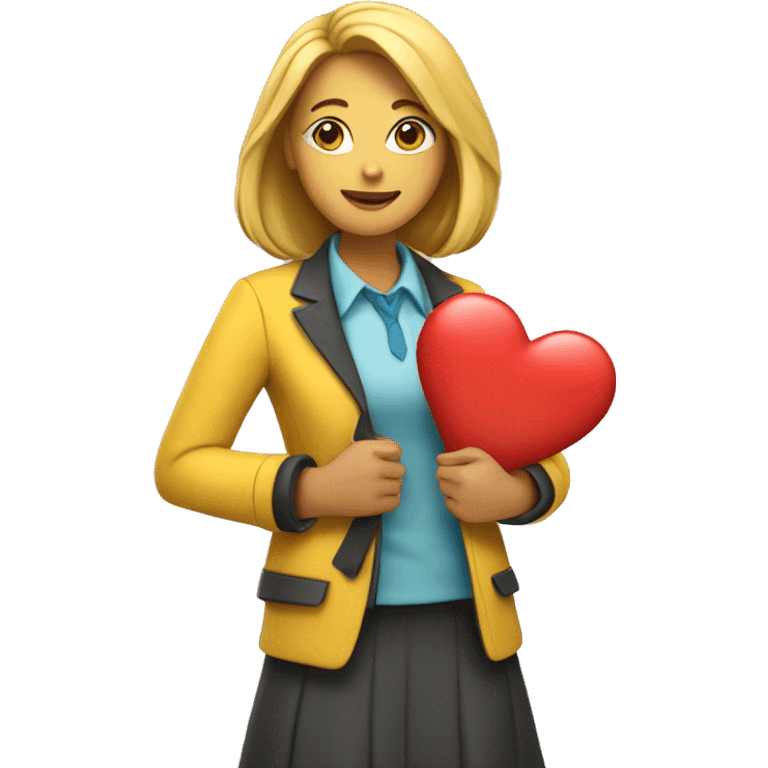 A female teacher in a yellow jacket holds a heart in her hands emoji