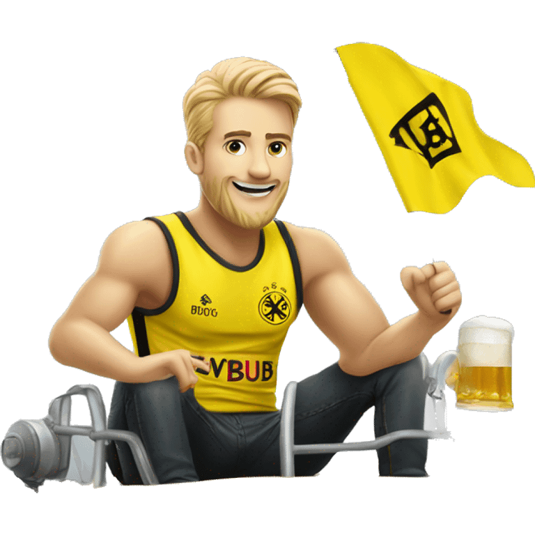 A bvb dortmund themed tank with a fan riding on top holding a beer.  emoji