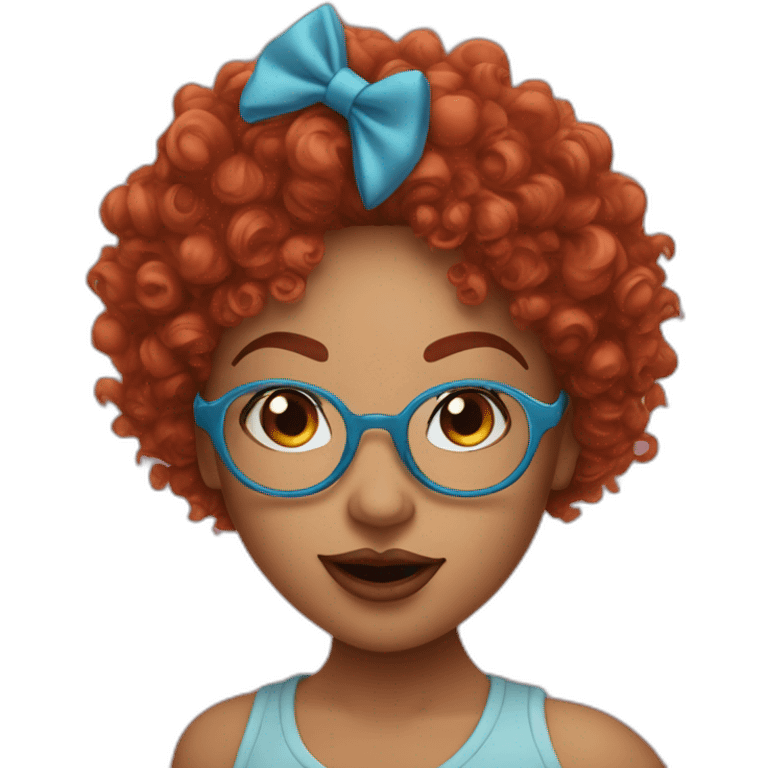 a curvy girl with curly red hair and blue glasses blowing a kiss emoji