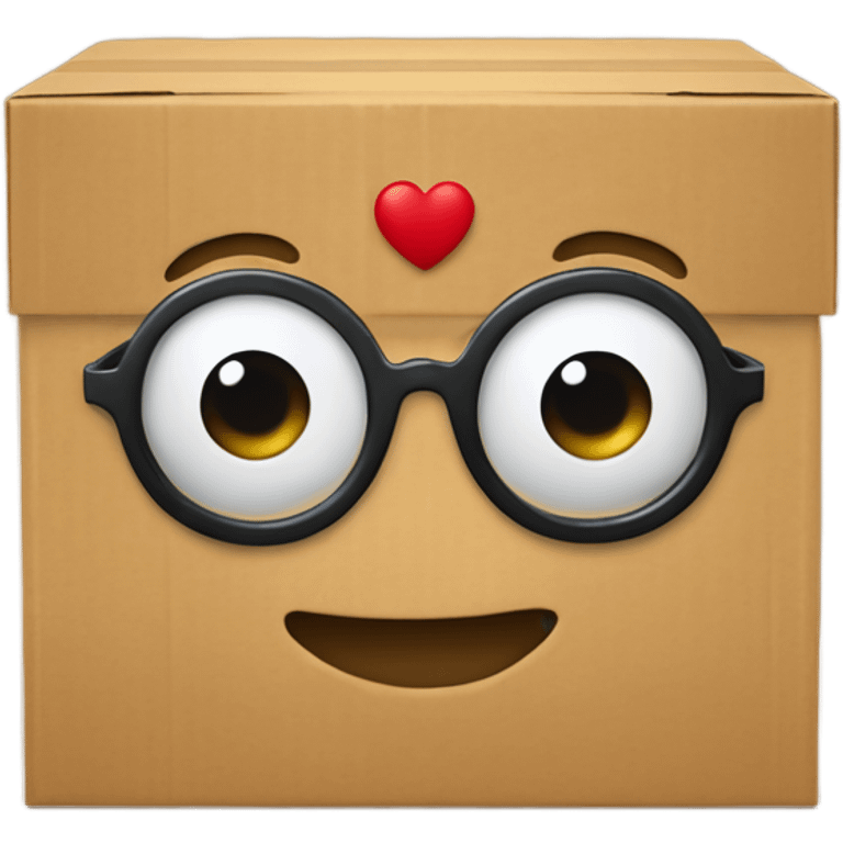 una caja de carton dibujada como carita con lentes encima de un corazon  emoji