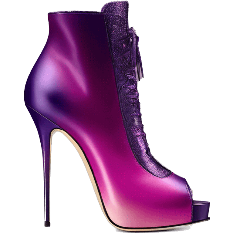 Real isolated top view of a pair of metallic magenta to dark purple ombre Jimmy Choo stiletto peep toe ankle bootie boots.  emoji