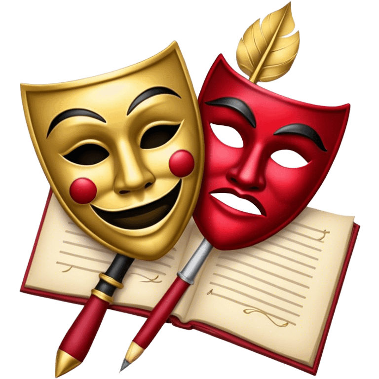 Create a bold and dramatic emoji representing the art of playwriting. The design should feature an open script or a theater playbook, with stylized text lines or dramatic dialogue inside. Include elements like a theatrical comedy and tragedy masks, a stage spotlight, or a writting quill to symbolize creativity and performance. Use deep, contrasting colors like red, black, and gold to evoke the intensity and passion of drama. The overall design should feel dramatic, inspiring, and artistic. Make the background transparent. emoji