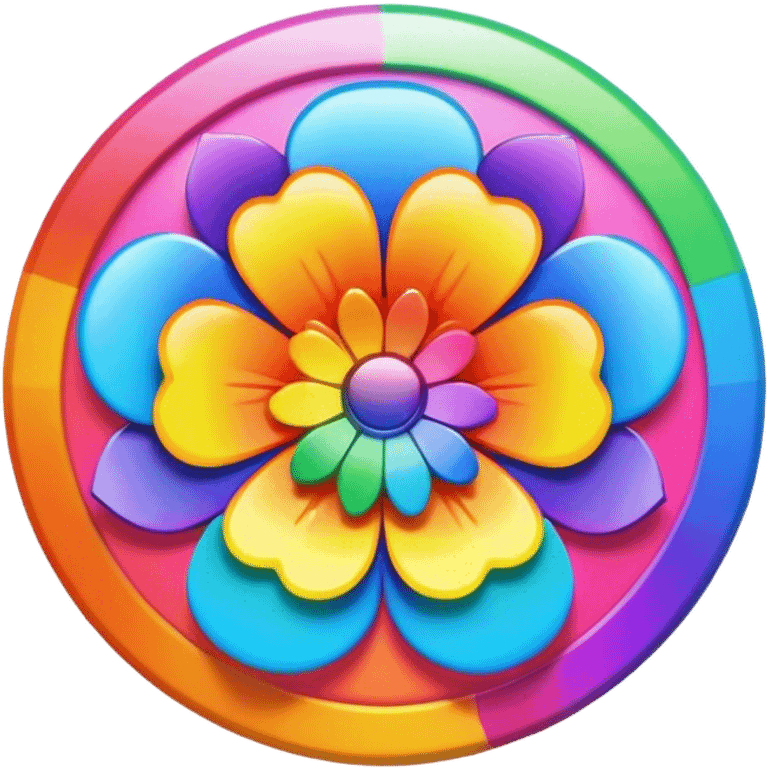 A round psychedelic colored button with bezeled edges and a rainbow colored flower in the center emoji