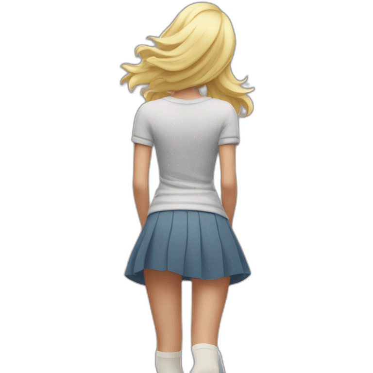 full body back view curvy caucasian beauty in small skirt lifted by the wind butt white socks emoji