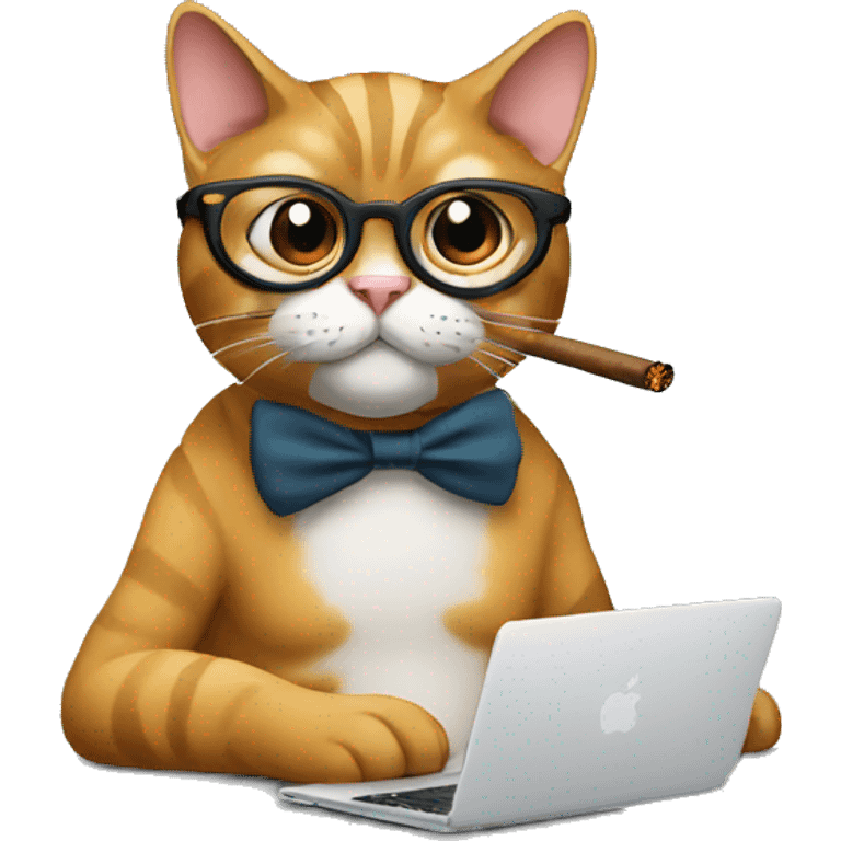 Cat wearing spectacles and smoking a cigar and working on a mac computer  emoji