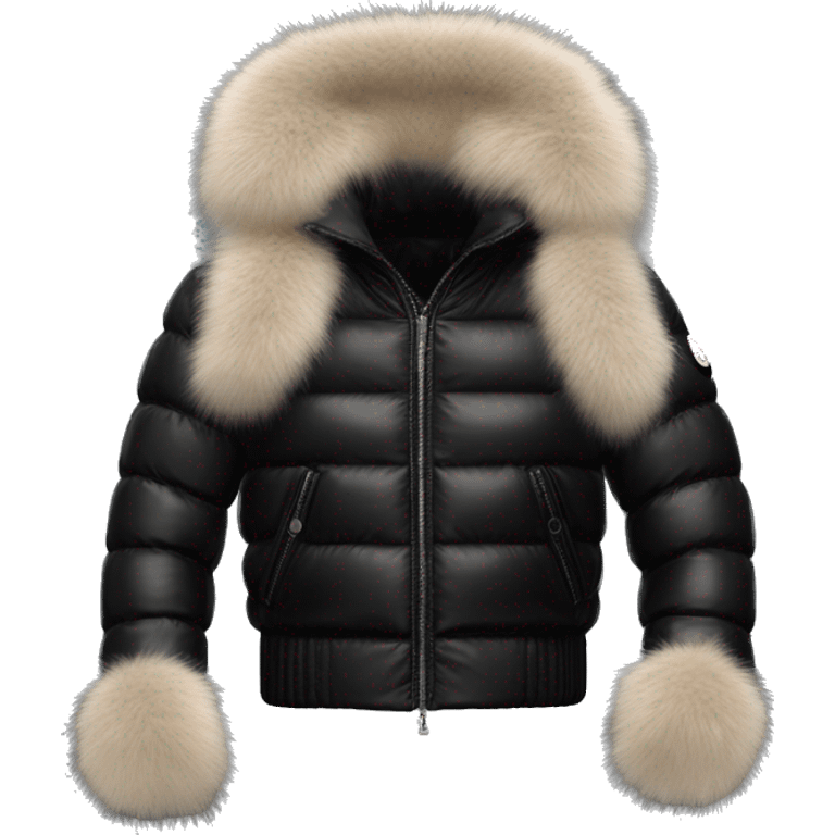 short shiny black moncler jacket with fur emoji