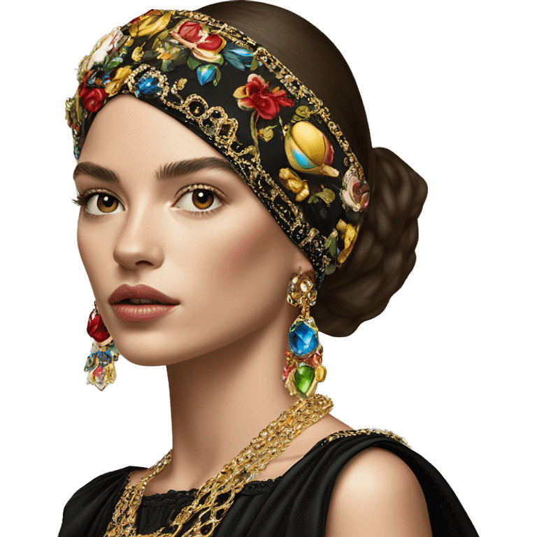 Dolce and Gabbana Italian model in dark dress and headband with colourful ornament and golden detais  emoji