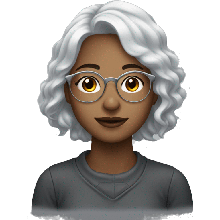 young woman with silver hair, silver glasses, brown eys, to moles on chin, freckles, pale emoji