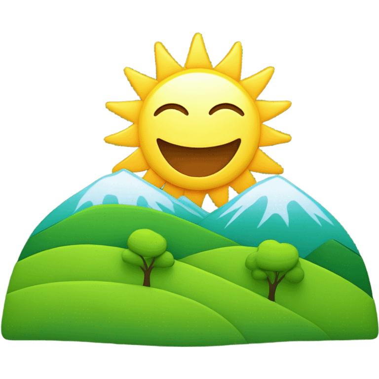 Cartoon sun rising over a green hill with trees emoji