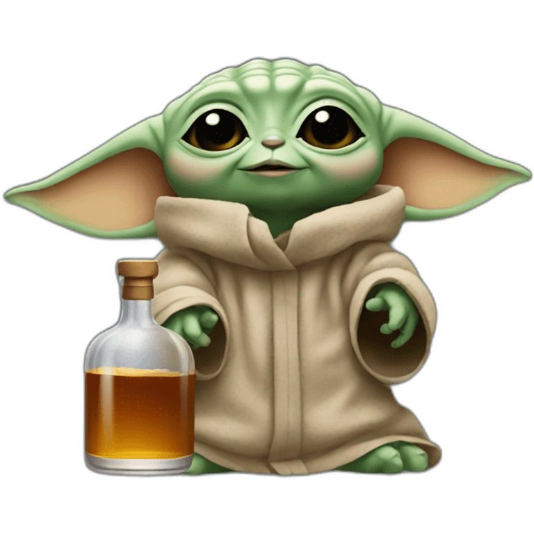 small baby Yoda holding up a big bottle of whiskey emoji