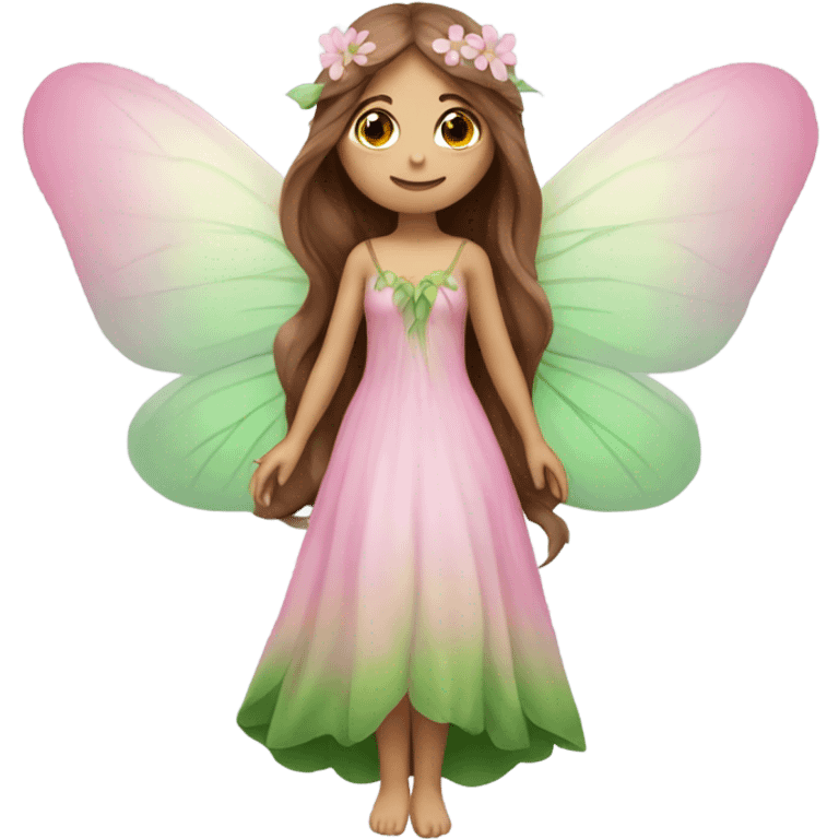 Dreamy pretty nature fairy with long brown hair , pink wings and green dress  emoji