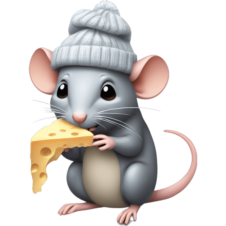 Rat eating a bug price of cheese while wearing a winter hat emoji