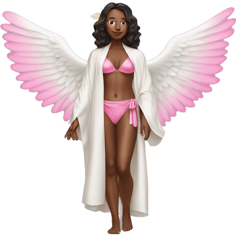 woman in silk robe and pink bikini with angel wings emoji