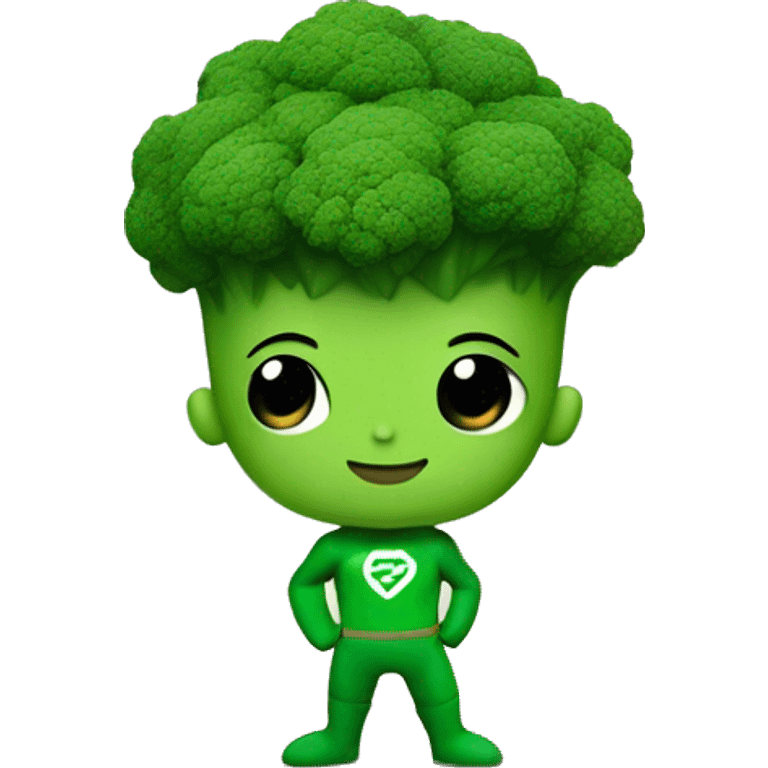 kawaii cute mini superhero with green clothes and a broccolis as hair,  full body saying hello emoji