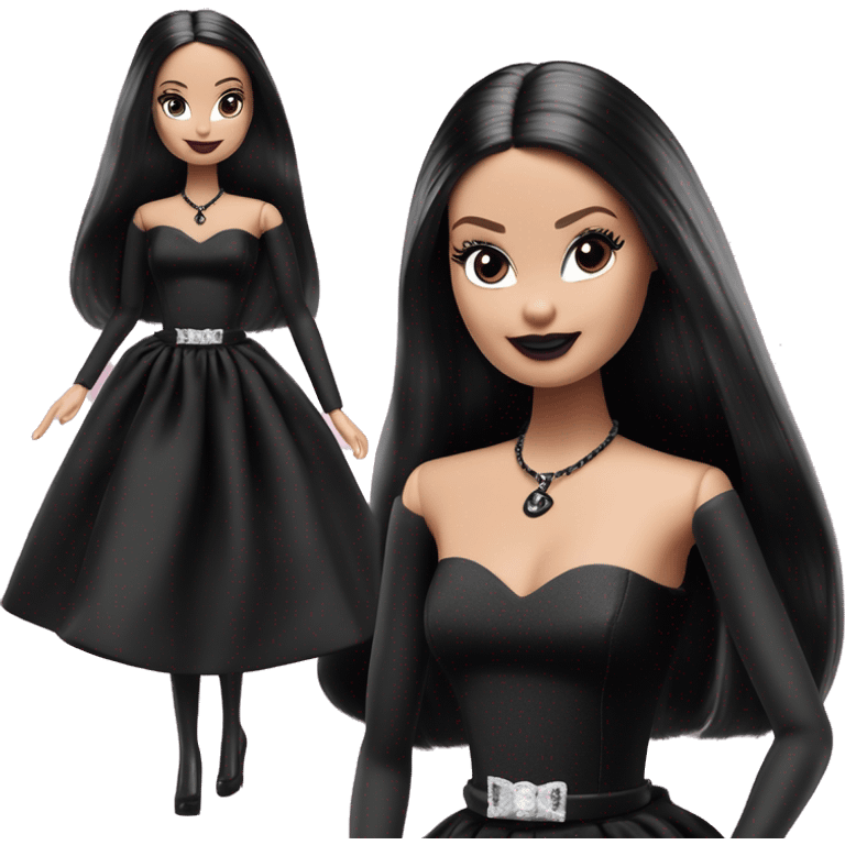  Bunny Wednesday Addams Barbie dancing.  Feminine face. Longer hair, short black flowing strapless tight evening gown with  plunging neckline that’s off-the-shoulders that also shows her legs and black shiny velvet high heel shoes. emoji