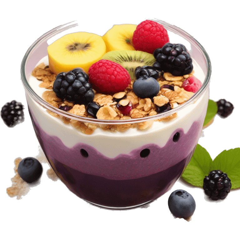 Açaí in a clear cup with layers of fruits and granola and condensed milk emoji