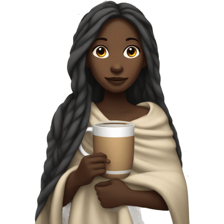 Black girl with long hair with blanket wrapped around her and mug in hand emoji