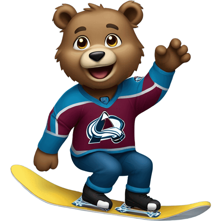 Bear on a snowboard in Colorado avalanche jersey doing tricks emoji