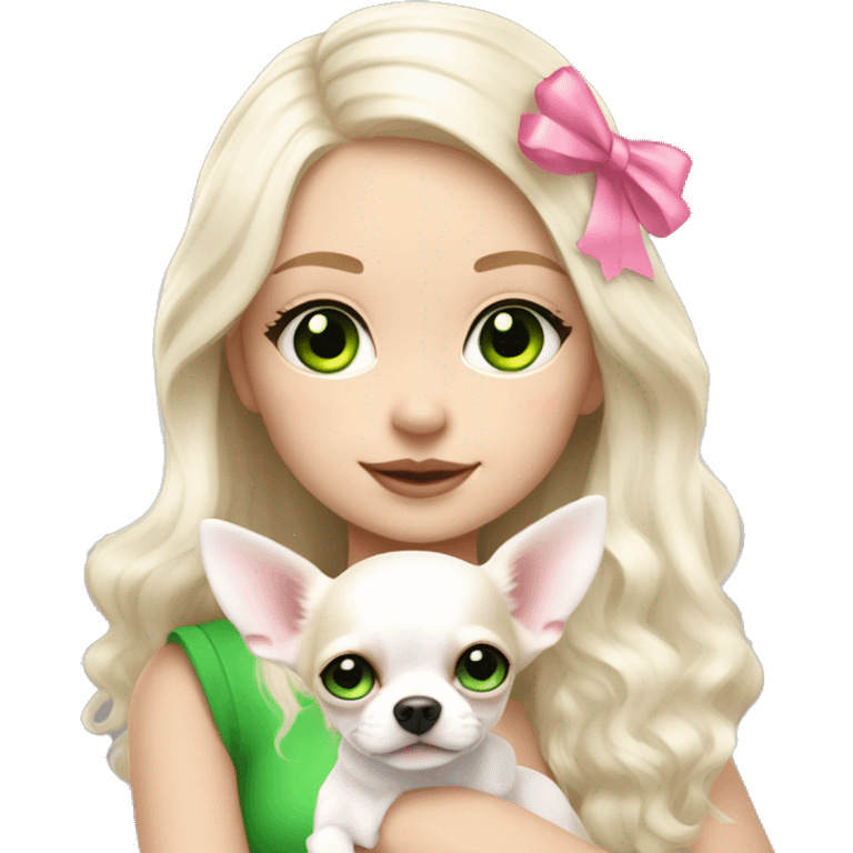 pale blond yt girl with wavy long platinum white hair with bright green eyes holding a white chihuahua puppy that wearing a pink bow emoji