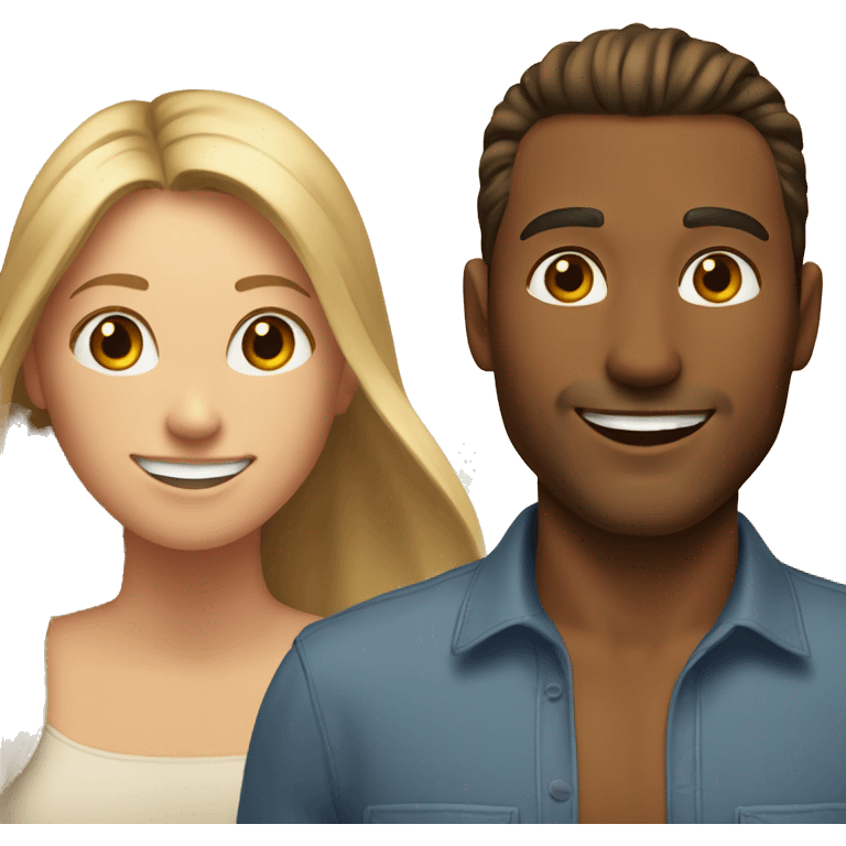 Woman and man smiling, woman has straight Brown hair in a ponytail, slightly sunkissed skin, man has blonde long hair which are in a ponytail, slightly sunkissed skin emoji