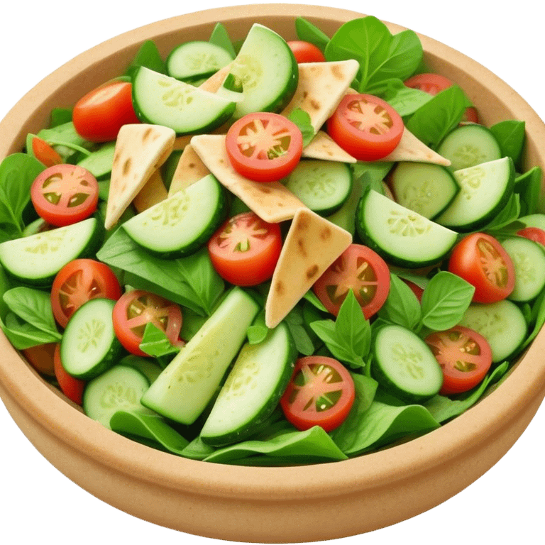 Cinematic Realistic Fattoush Salad Dish Emoji, depicted as a colorful medley of greens, tomatoes, cucumbers, and crispy pita rendered with vibrant textures and refreshing lighting. emoji