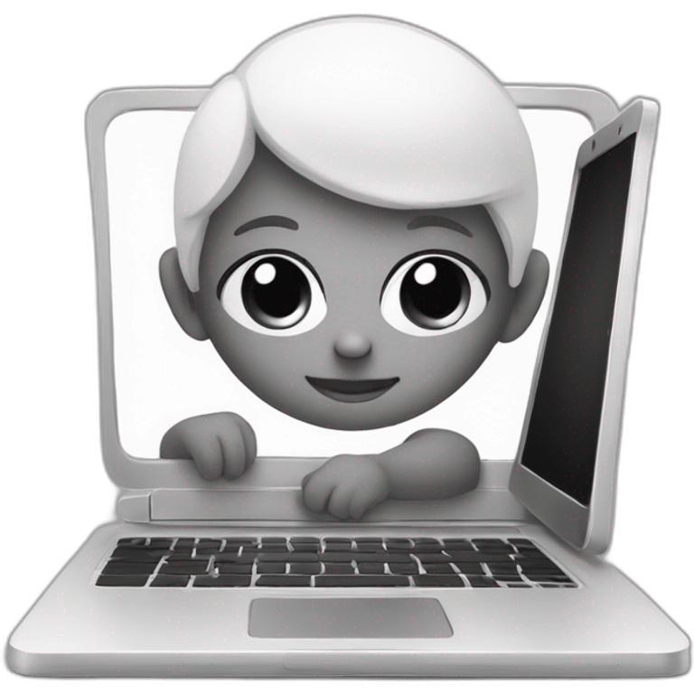 A cute, round faced Newborn working on laptop black n white emoji