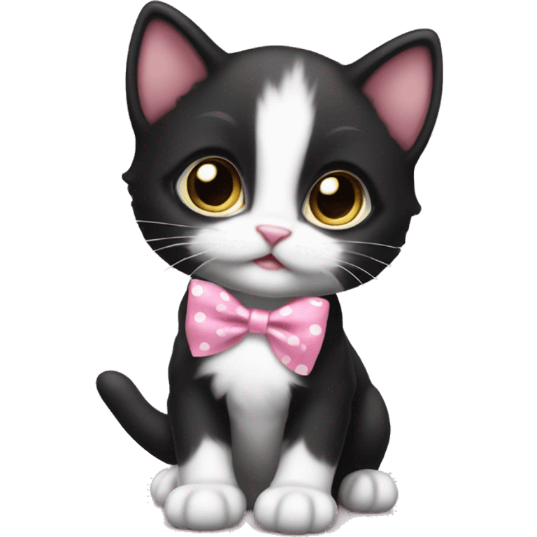 Baby Full body Tuxedo kitten with a pink polka dot ribbon Hazel eyes emoji