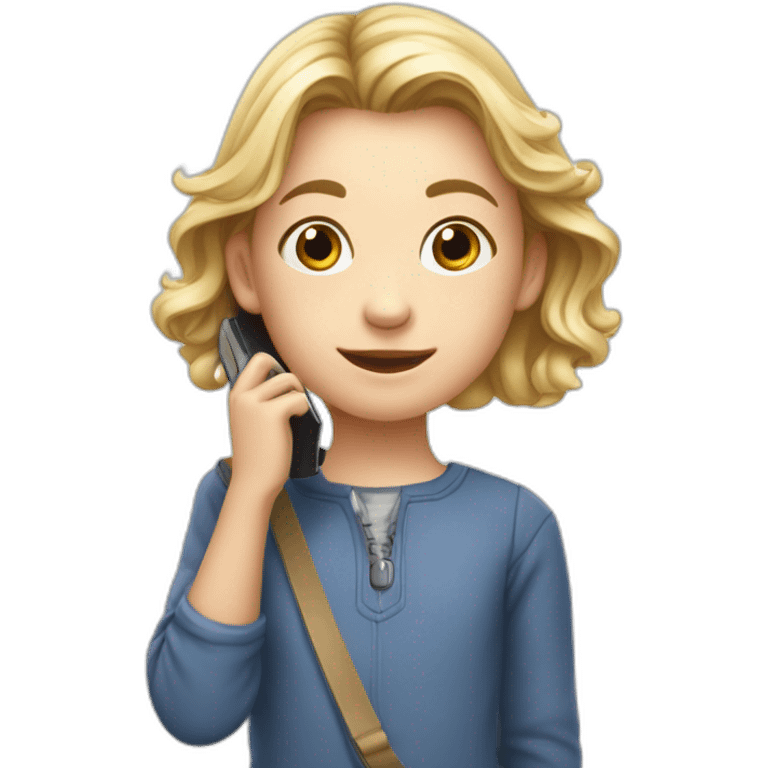 Une petite fille avec un téléphone blanc qui fais un câlin à un grand garcon emoji