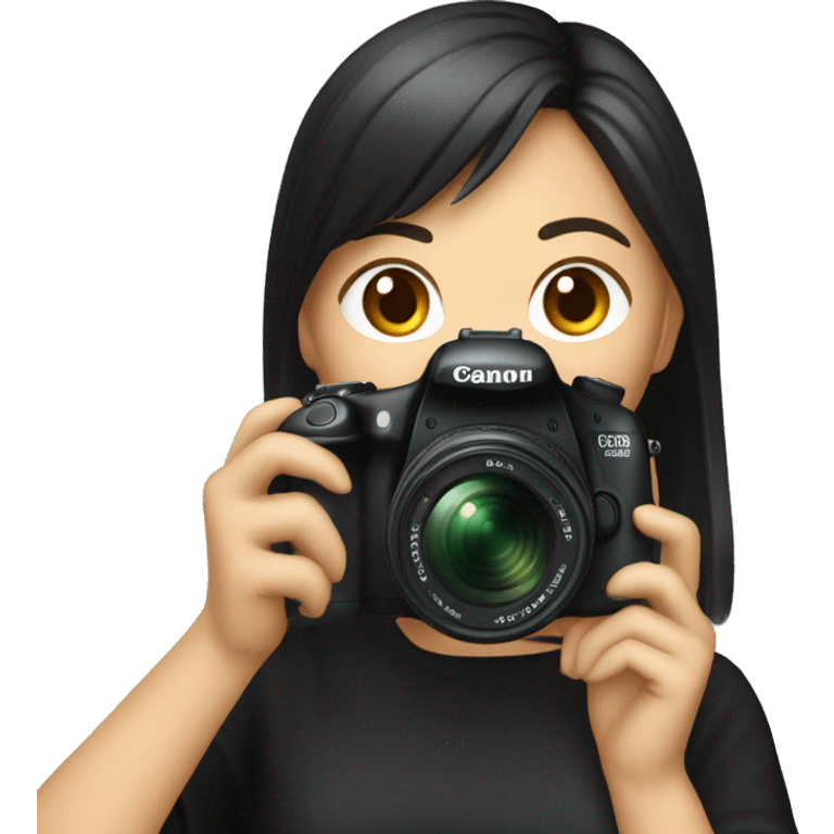 A woman of Asian descent, with bangs and her hair tied back, dressed in black, is taking a photo with a Canon camera. emoji